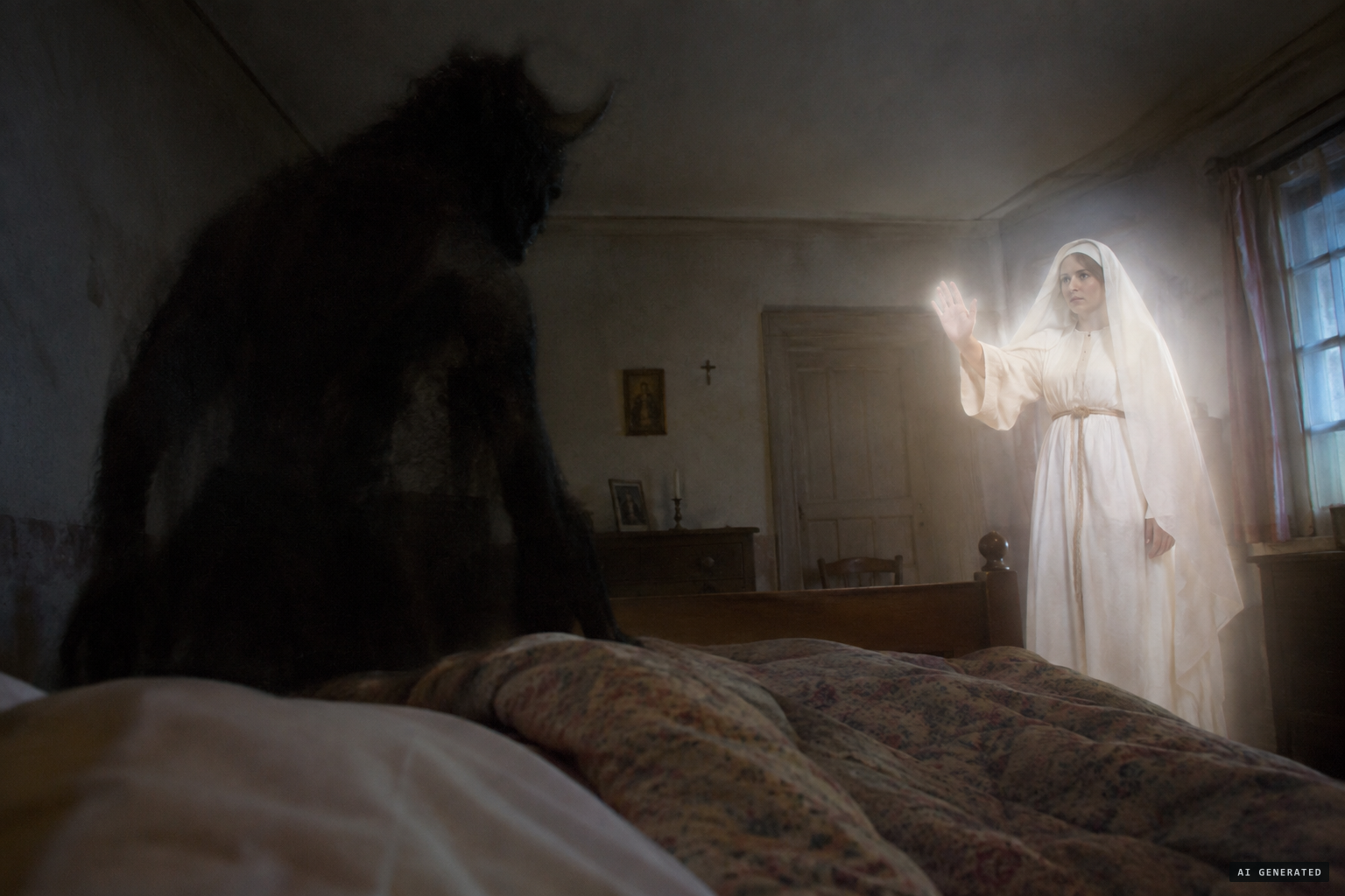 The woman in white appears and rebukes the devil at the foot of the bed