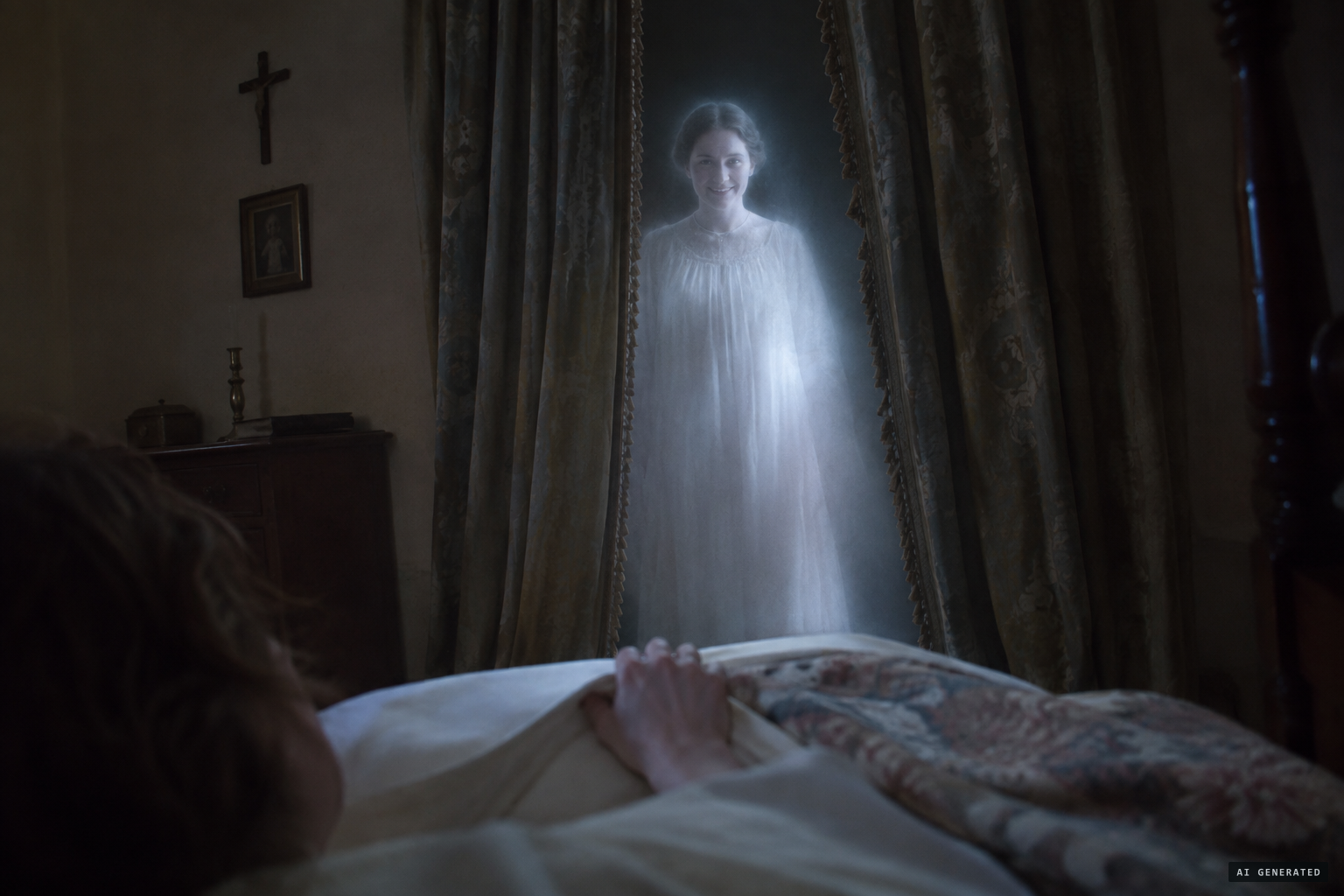 On the fifth night she stands smiling in the gap of the bed curtains