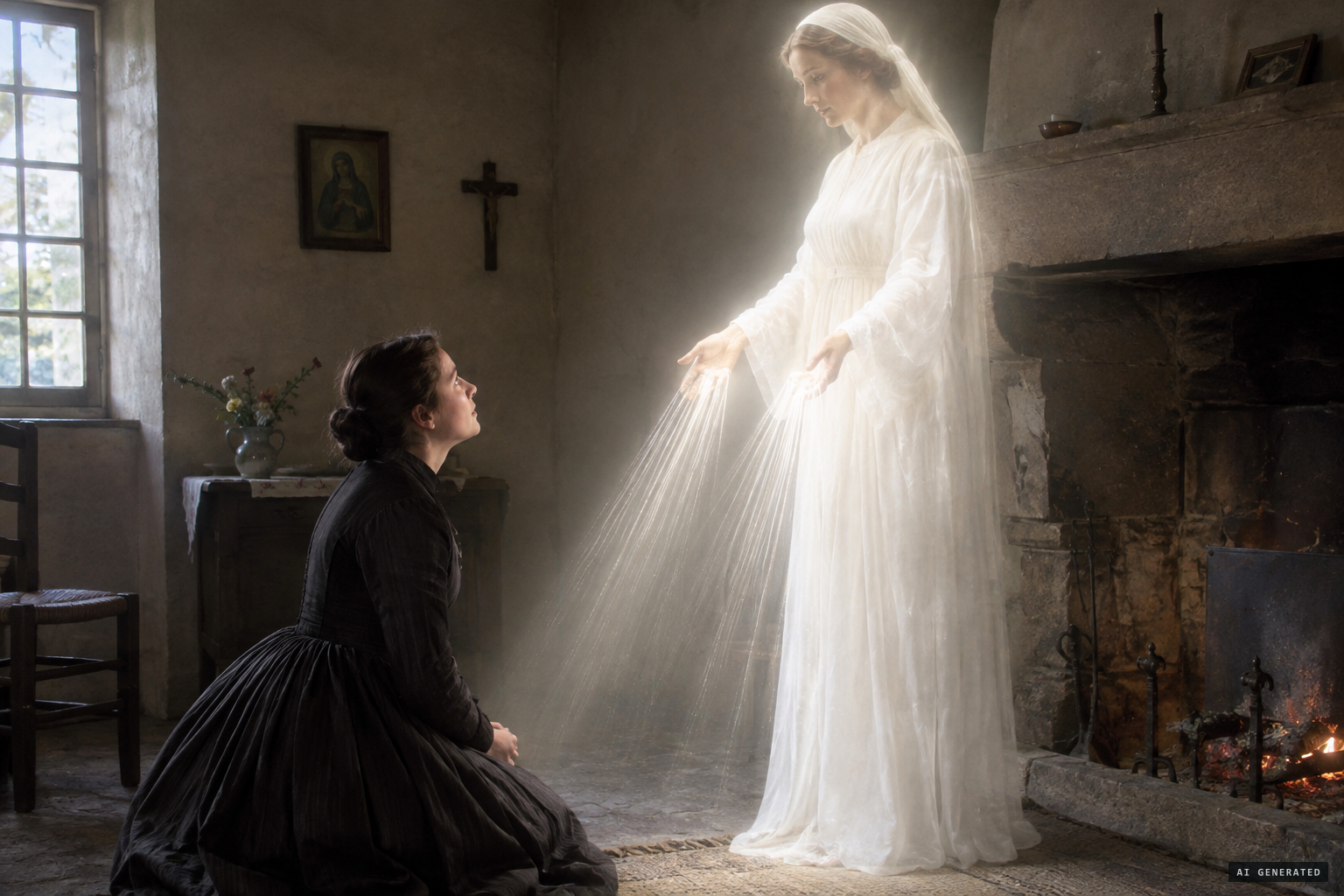 From July the visits resume; graces fall like rain from her hands