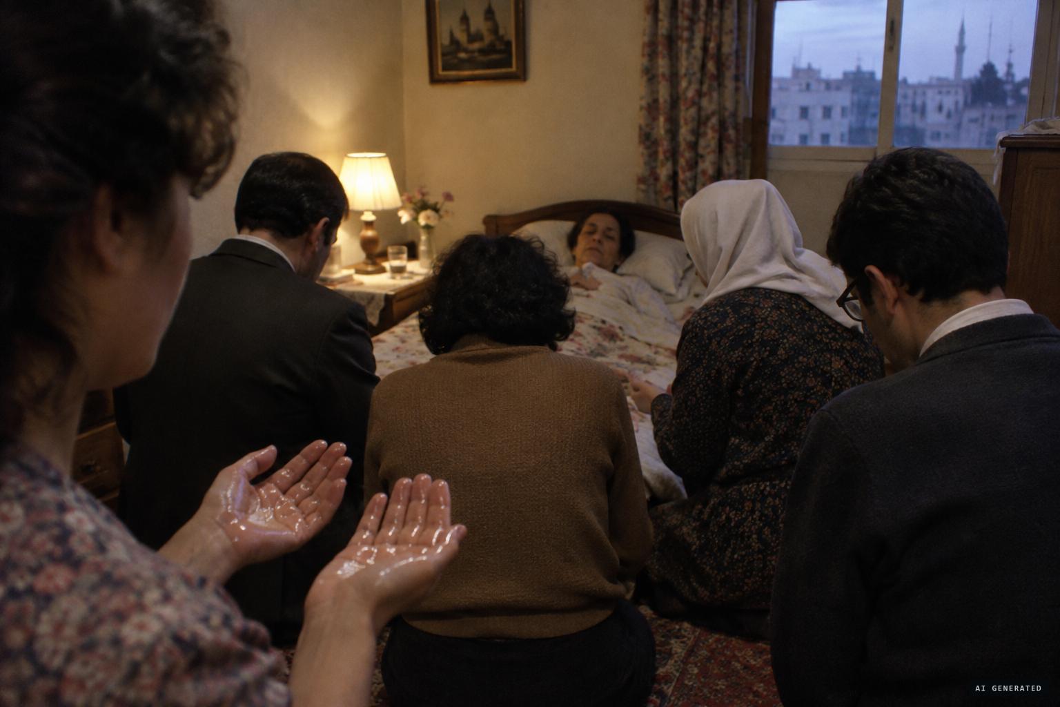 November 22, 1982: oil appears on Myrna's hands as the family prays for Leila