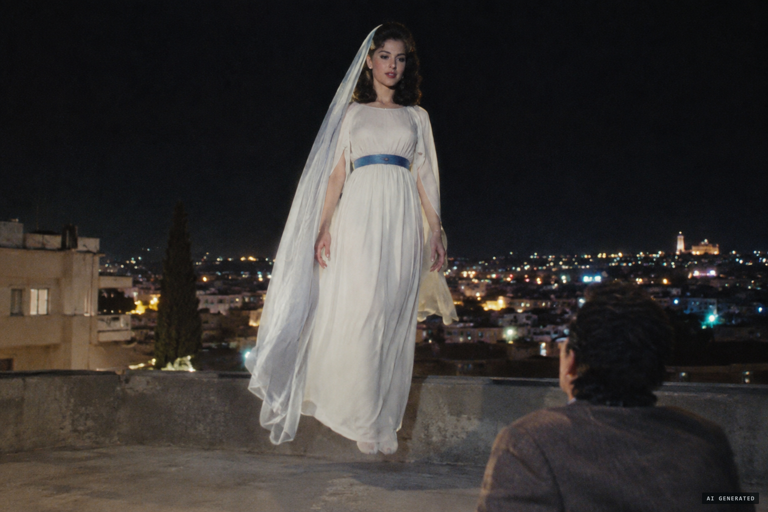December 18, 1982: the lady in white with a blue belt returns through the air