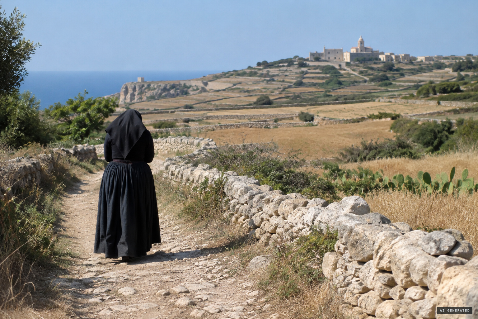 Karmni Grima walks home from the fields near Jordan Hill, praying