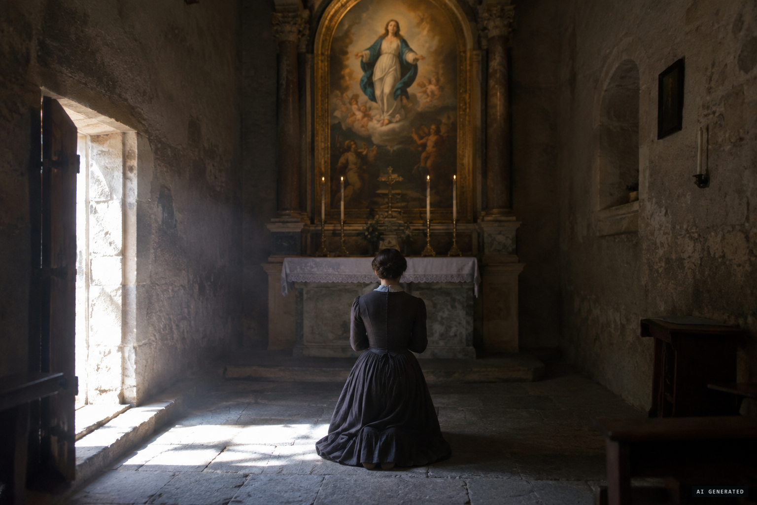 Inside, the voice seems to come from the image of the Blessed Virgin