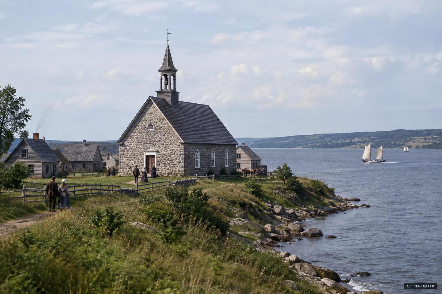 The old stone church of Cap-de-la-Madeleine on the St. Lawrence