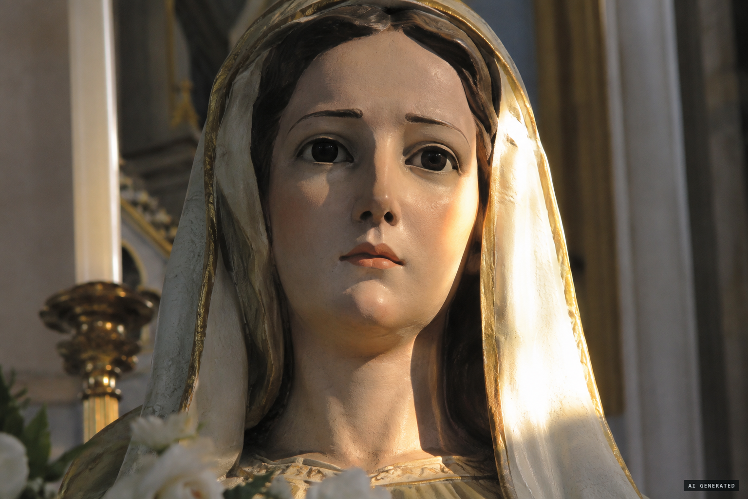 The living gaze: black eyes, severe and sad, the face in full sunlight