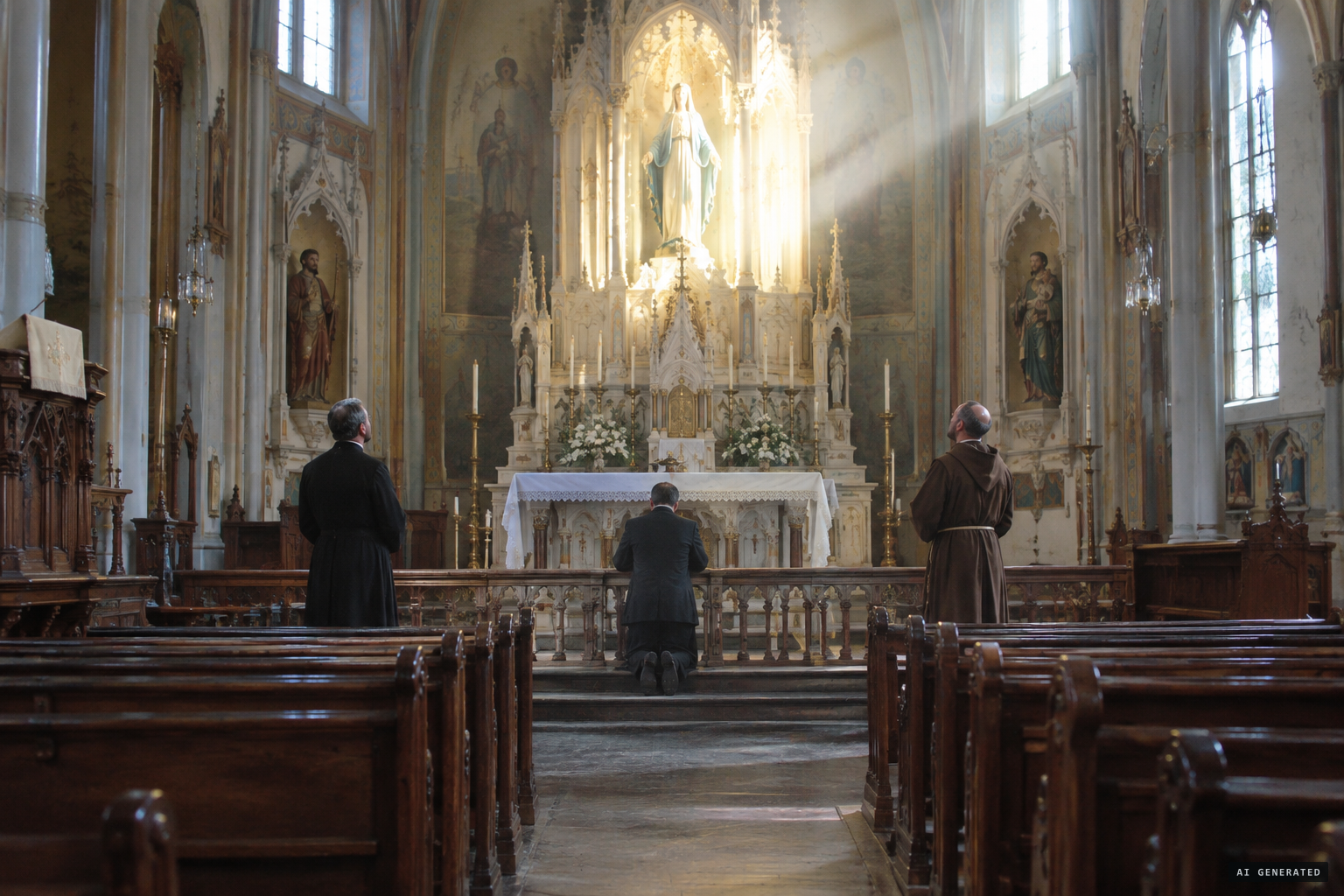 The priests view the statue from different spots to test for illusion