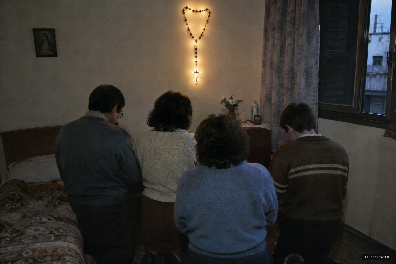 The rosary in Gladys's bedroom glows, and neighbours pray with her