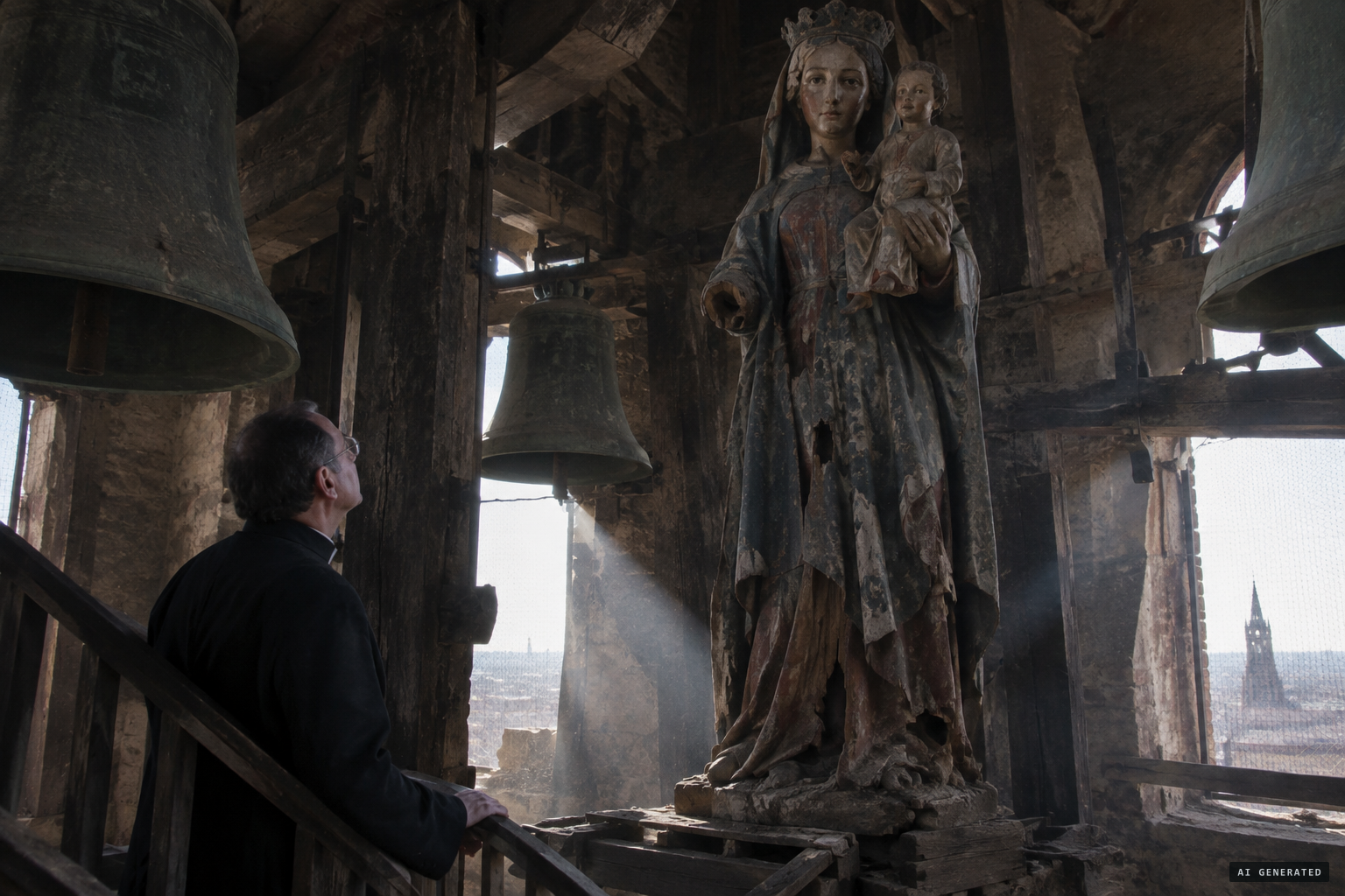 The damaged 1884 statue of the Virgin and Child found in the cathedral bell tower