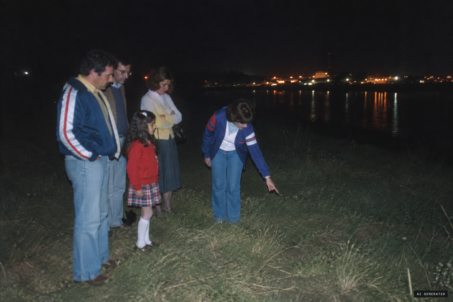 Gladys shows her neighbours and a young girl the site at El Campito