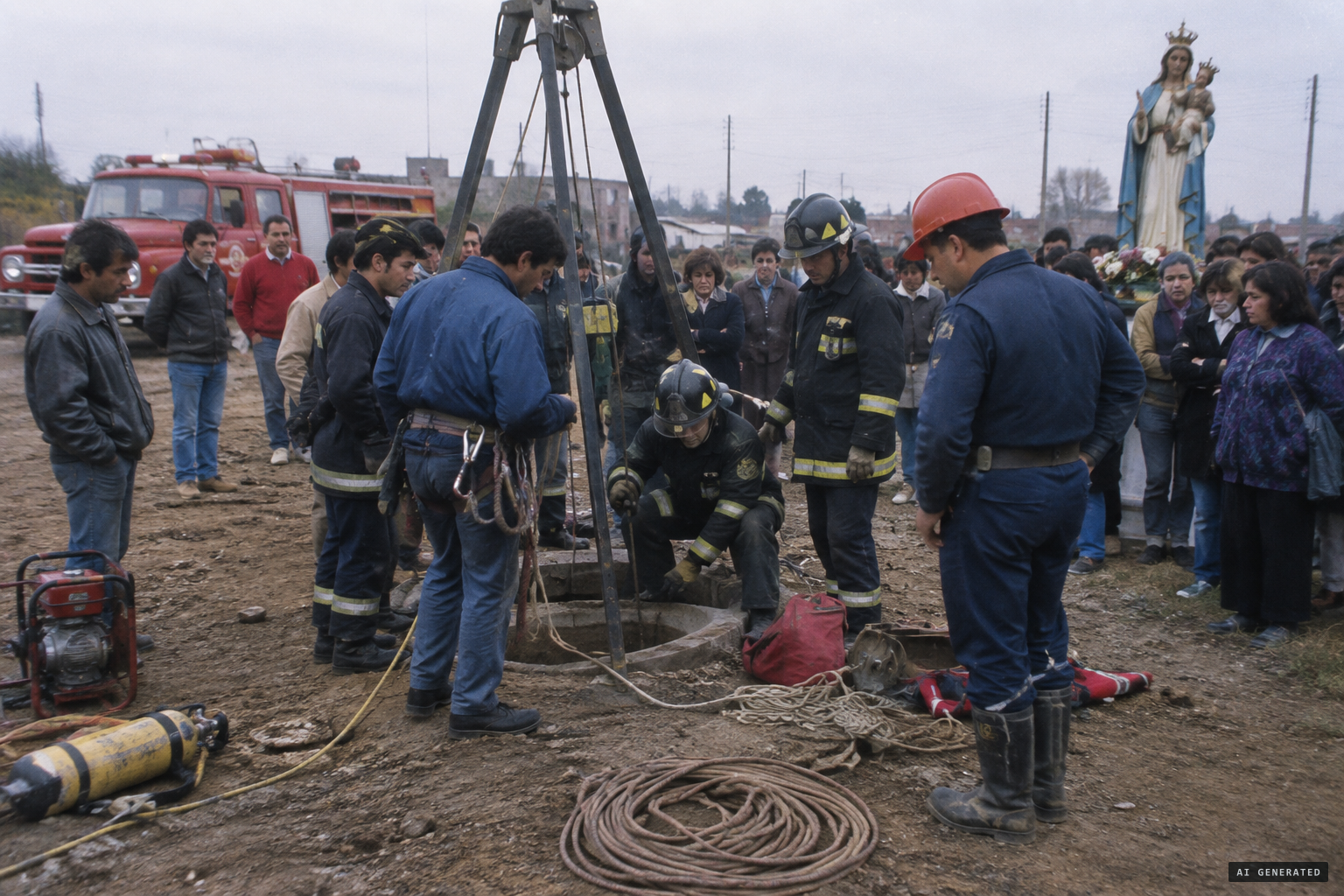 March 1998: the statue is brought to the well where Cristian Quiroz fell