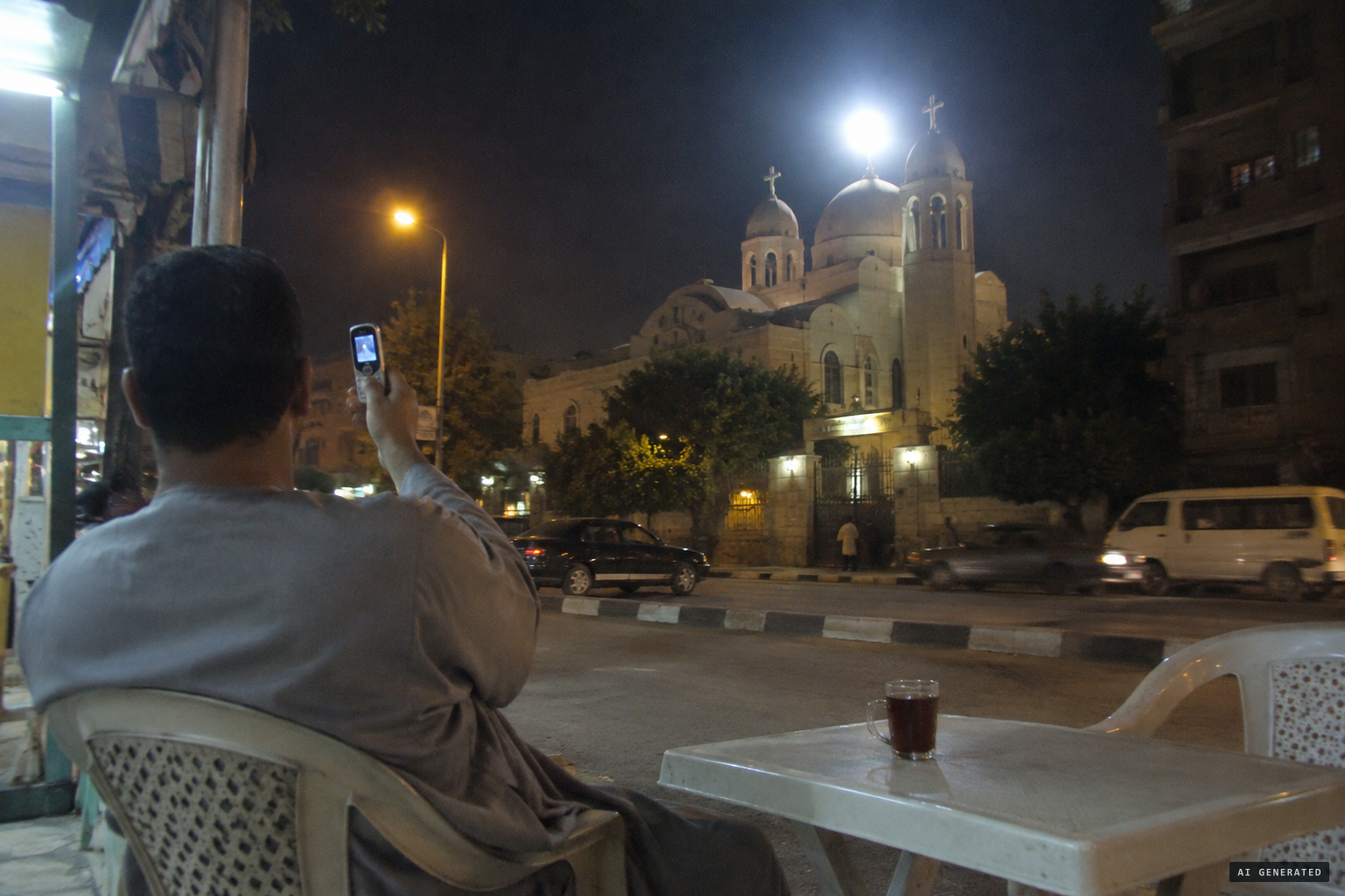 A Muslim neighbour at a coffee shop films a strong light coming from the church