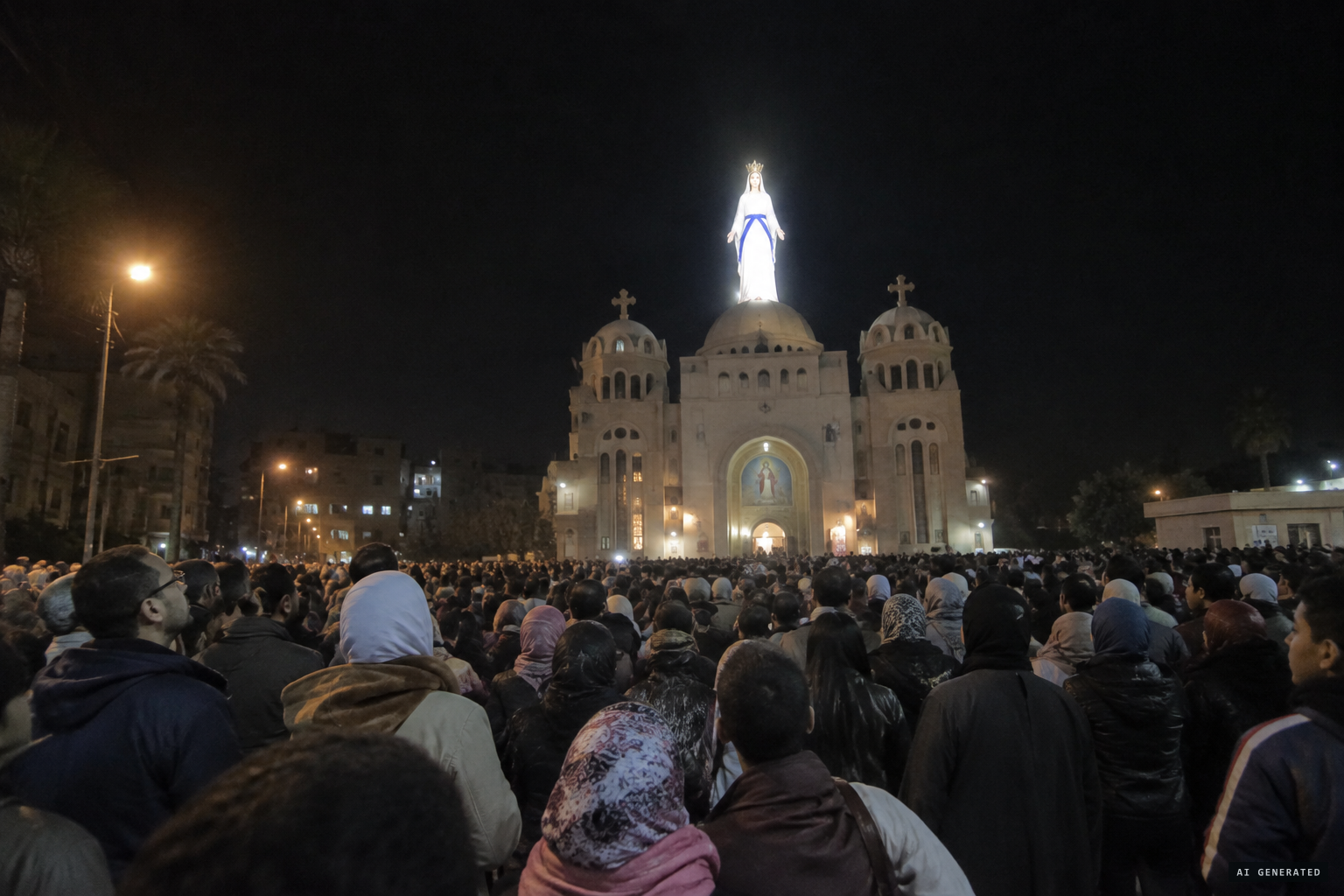 About 3,000 people watch the Virgin in luminous robes above the middle dome