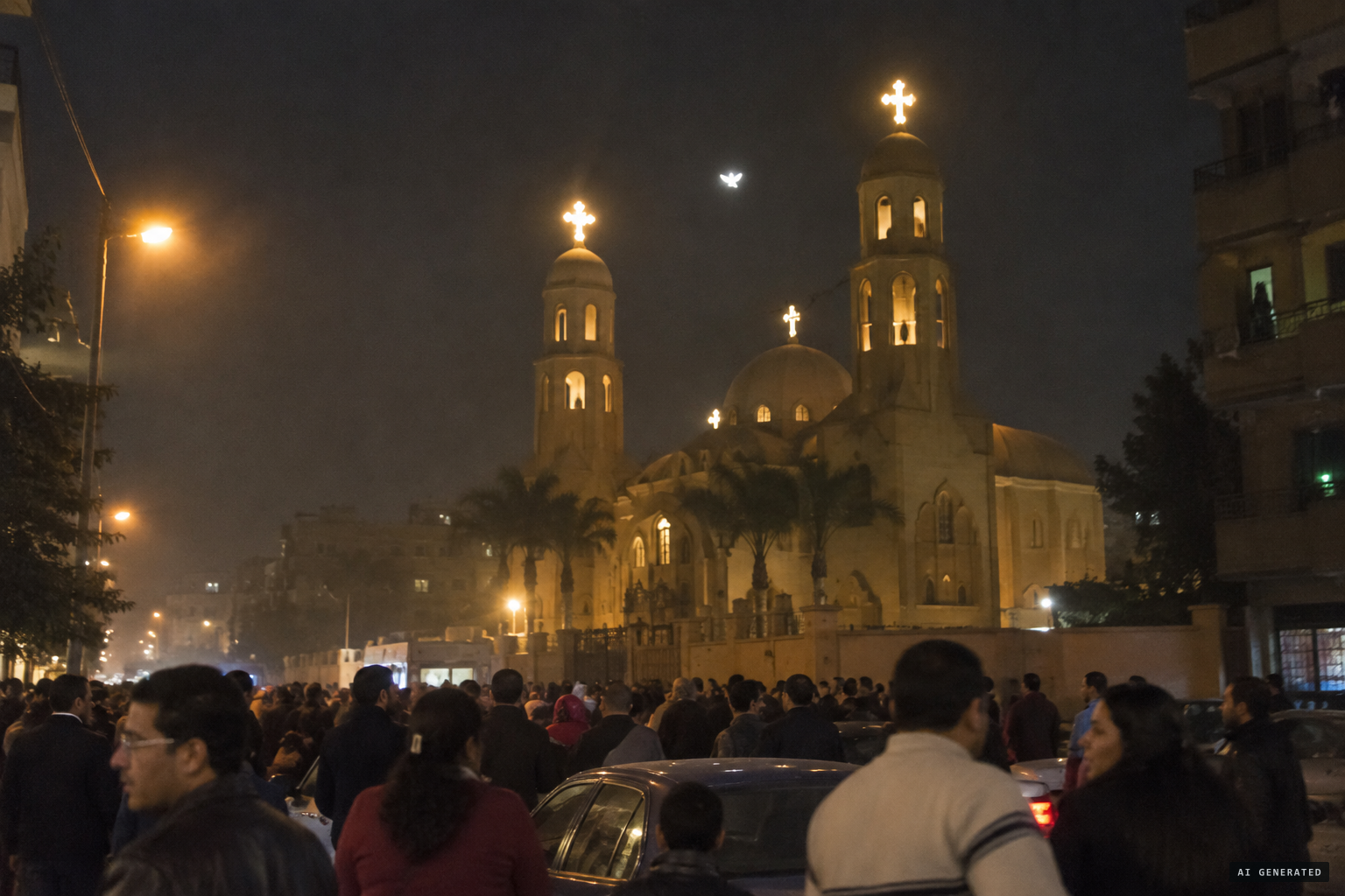 Bright lights from the crosses and a dove of light flying irregularly