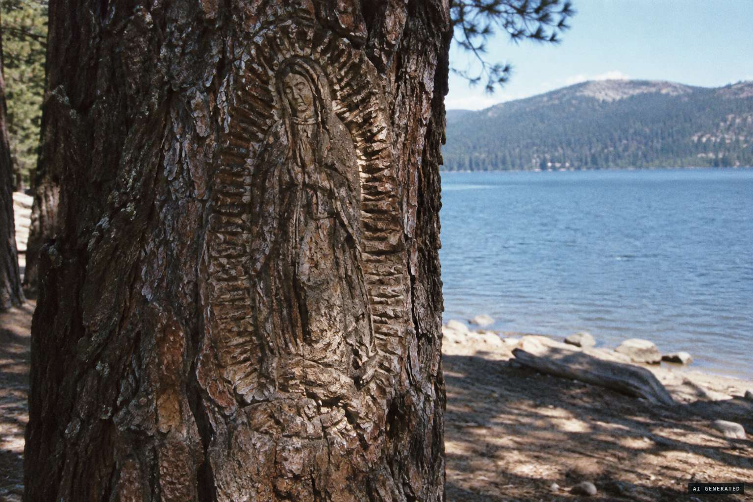 The woman is gone; an image like the Virgin of Guadalupe is in the oak's bark