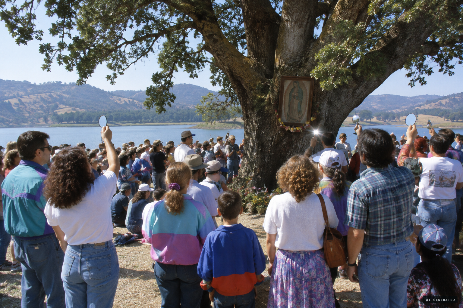 Thousands of pilgrims visit the 'blessed oak', shining sunlight on it with mirrors