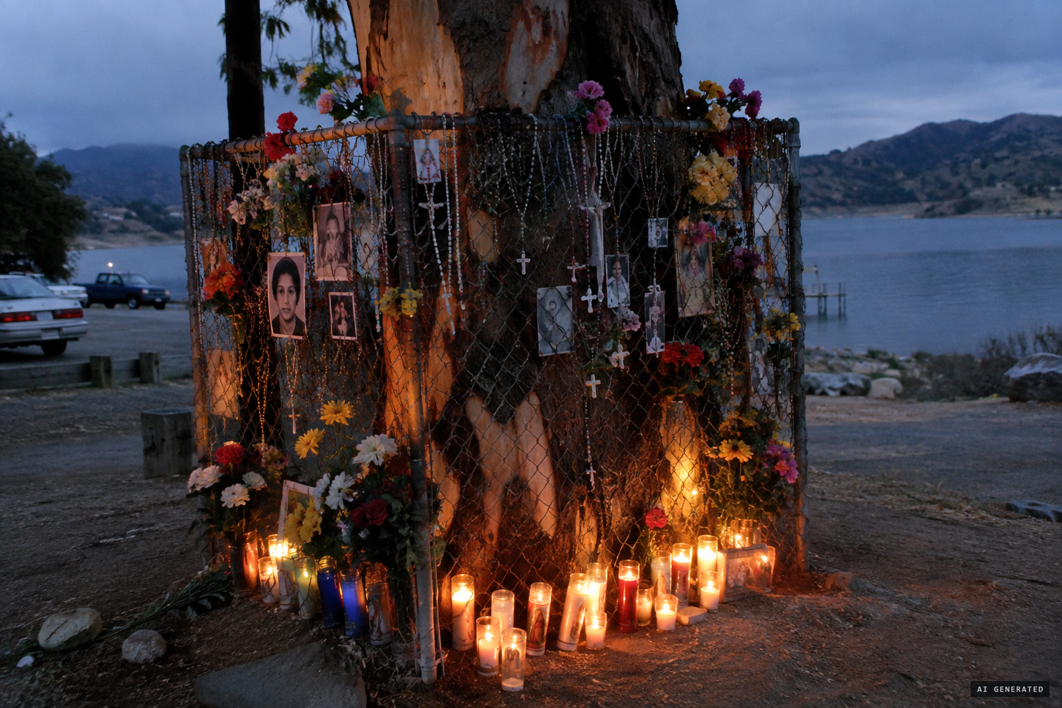 The fenced tree, stripped for relics and endangered by candles