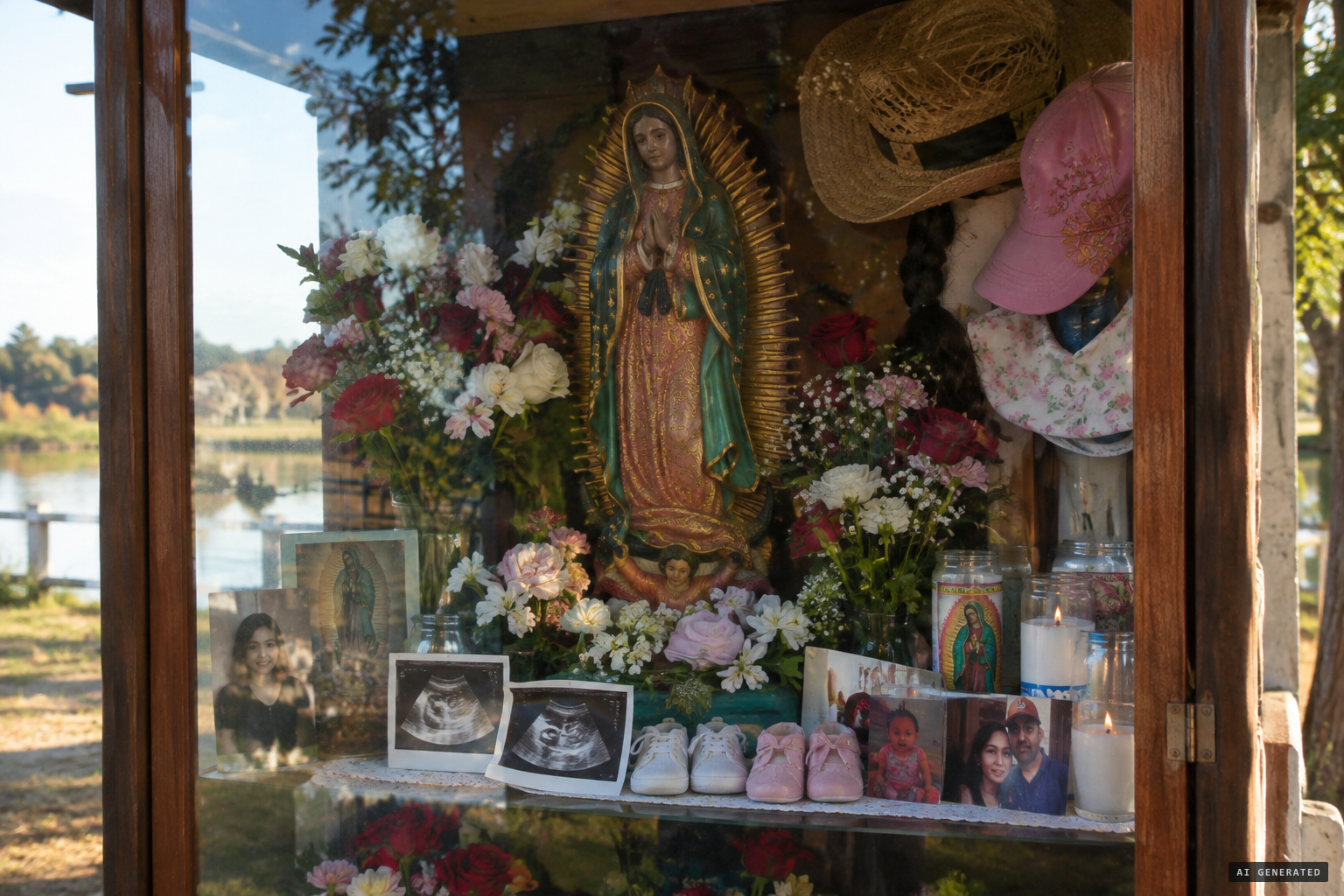 The shrine remains, with the Virgin's statue and offerings