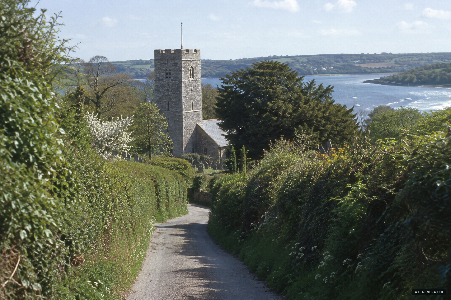St Mawnan and St Stephen's Church at the end of its narrow lane above the Helford River