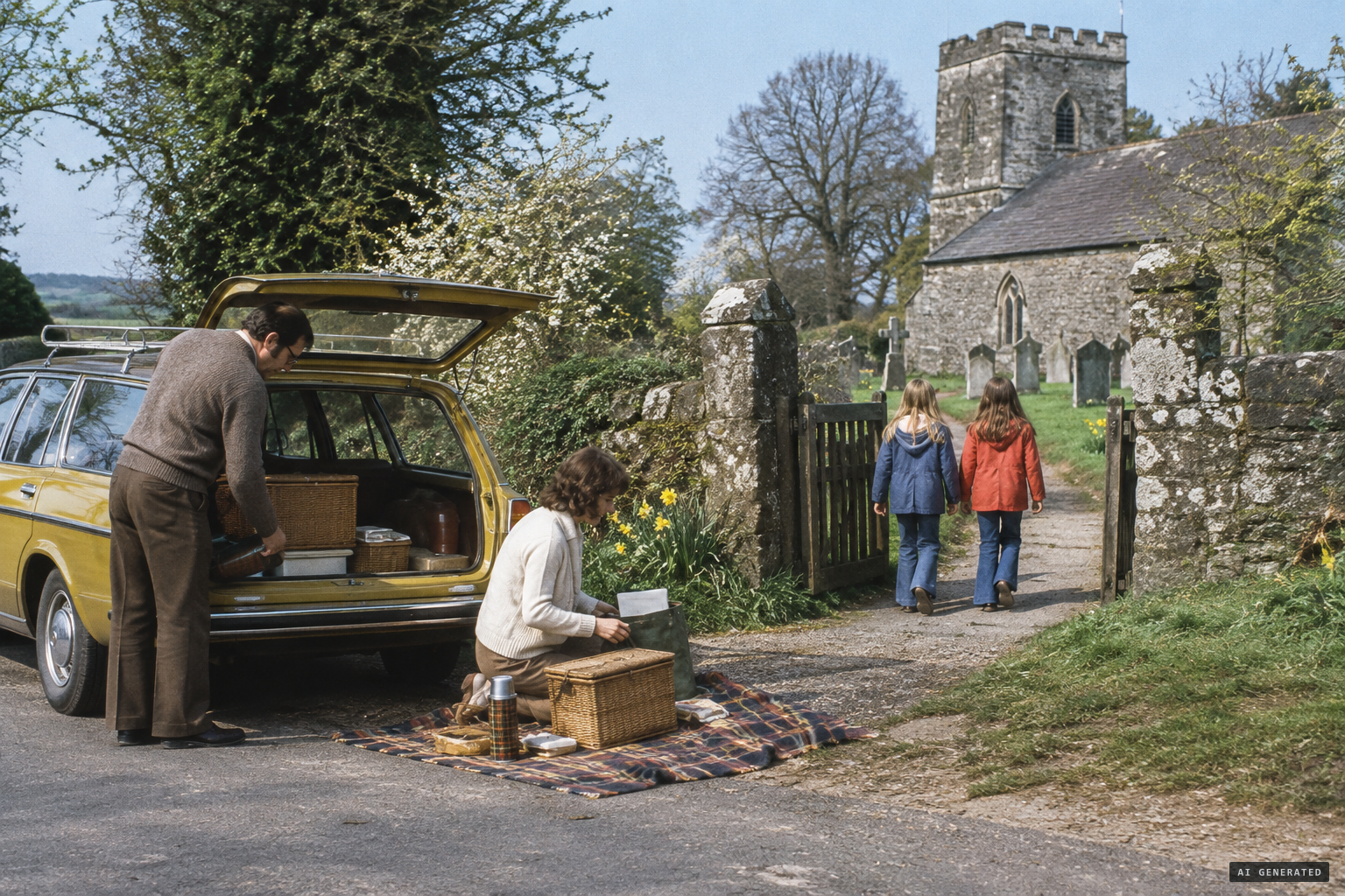 The Melling family's Easter picnic as June and Vicky wander into the churchyard