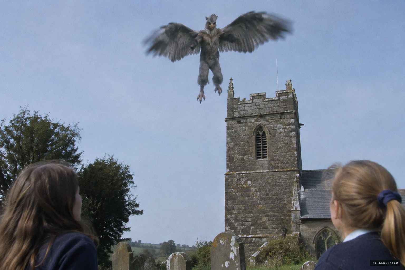 A big feathered bird-man with flapping wings hovering over the church tower