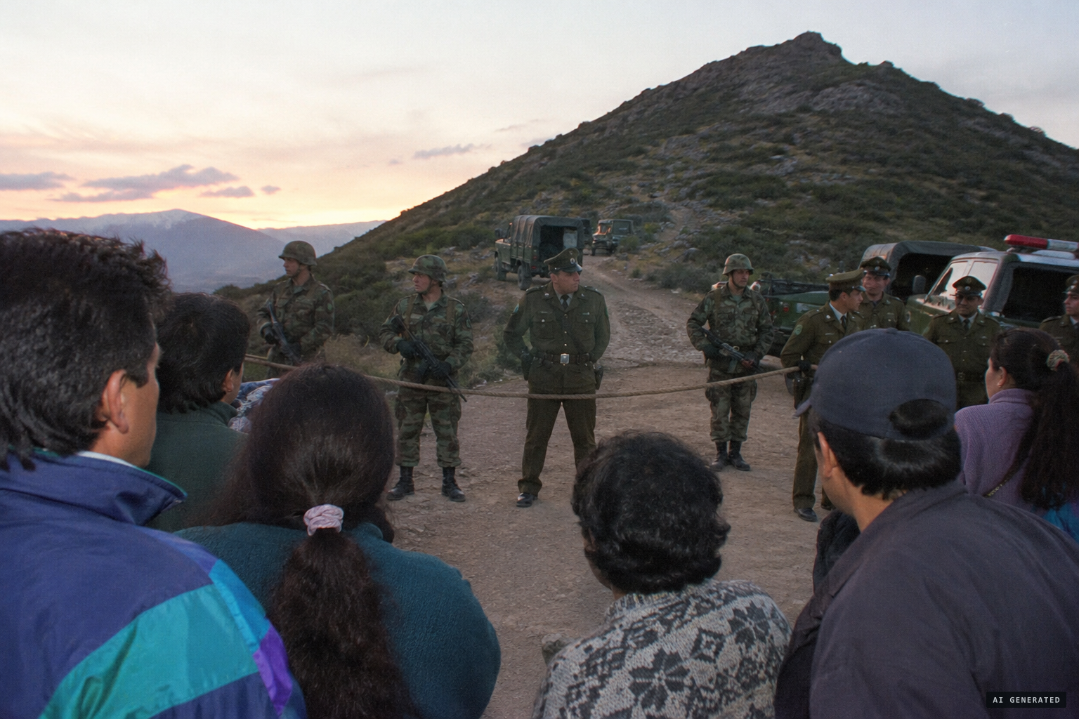 Soldiers and Carabineros keep residents from going up the hill
