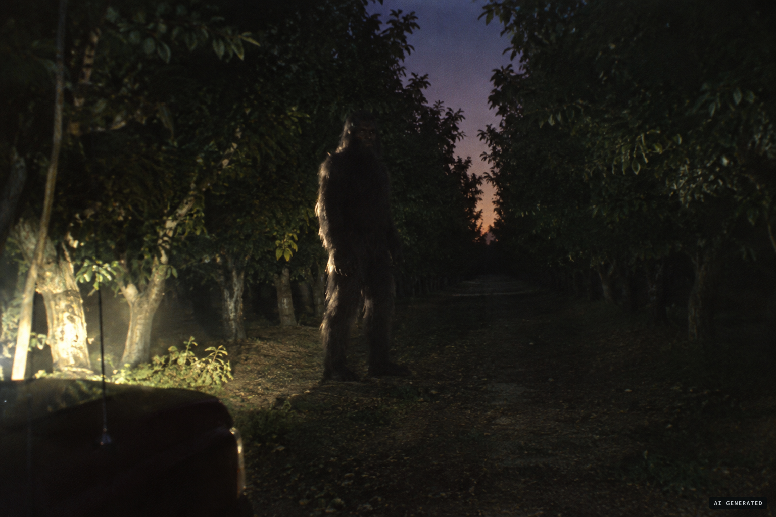A tall ape-like creature stalks the deputies through the grove