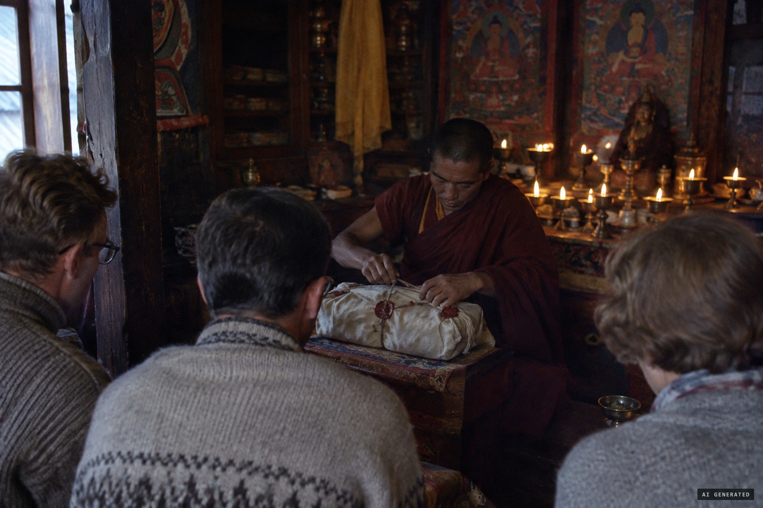 The monks break the wax seal on the wrapped relic
