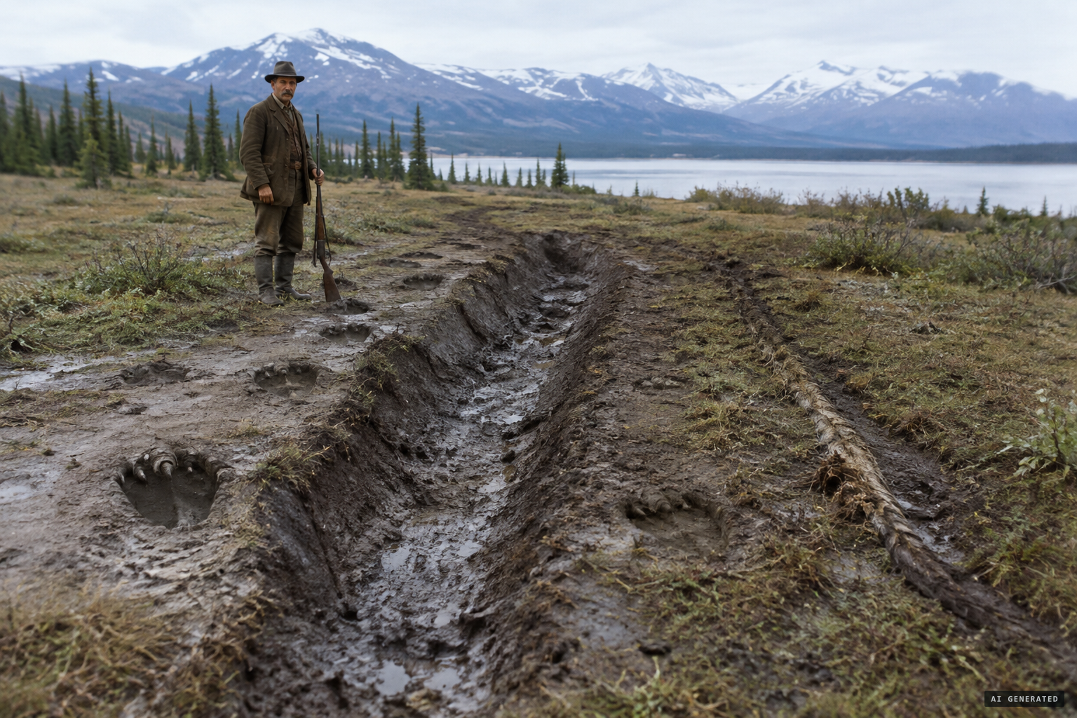 A belly impression thirty feet long, five-foot footprints and a tail print