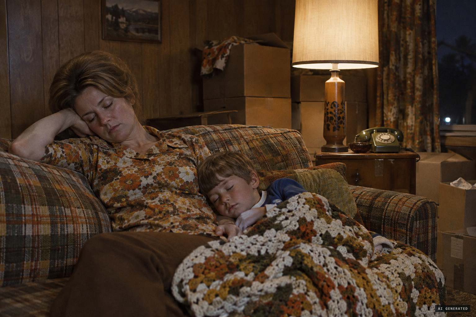 Pat Roach falls asleep on the couch beside her son in the family's new house