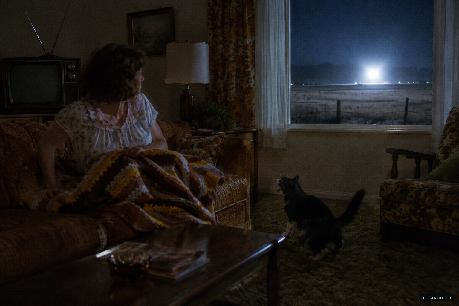 Near midnight she wakes to noise and sees a bright light from the field