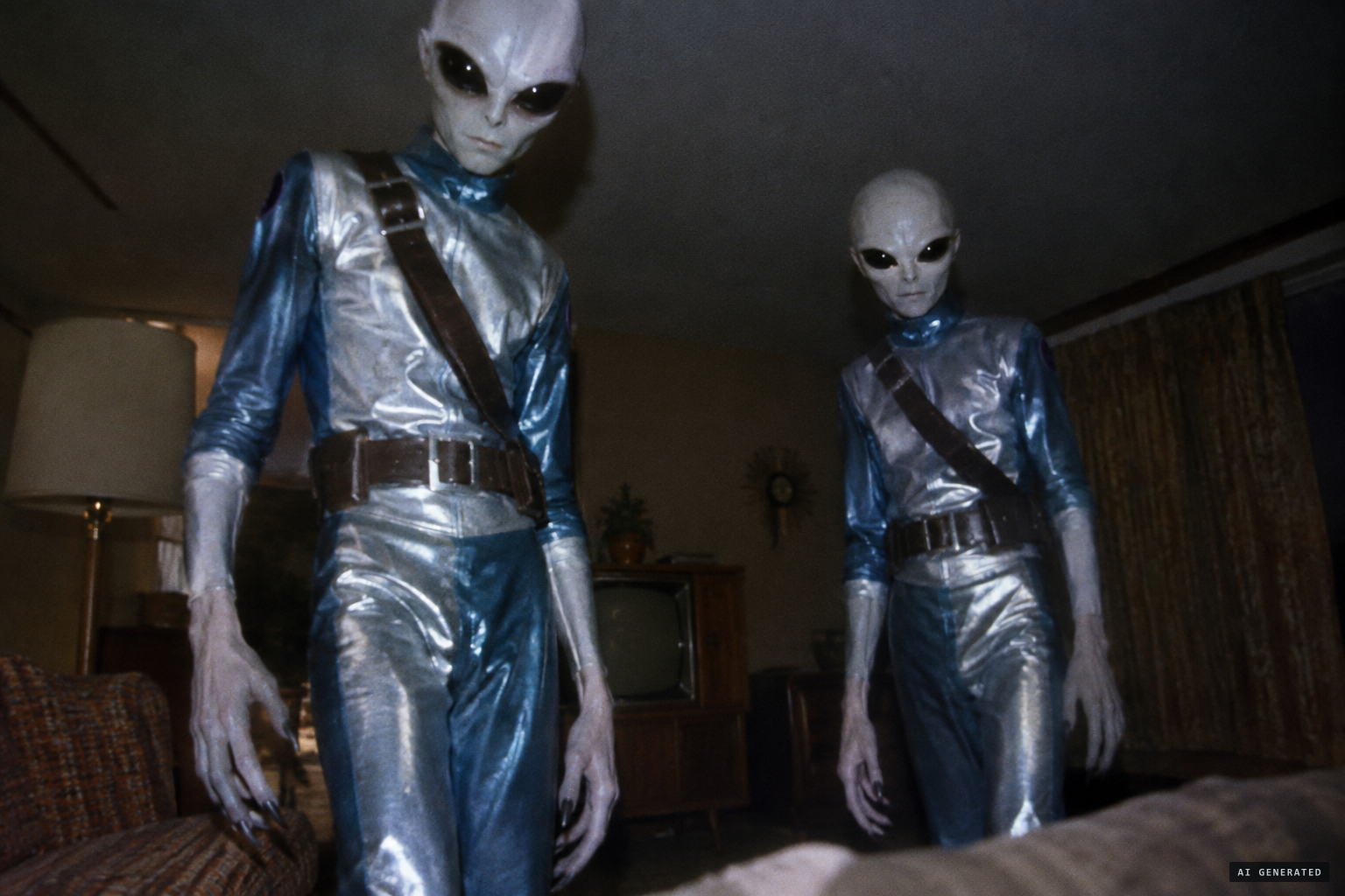 Two thin beings with huge eyes stand over her