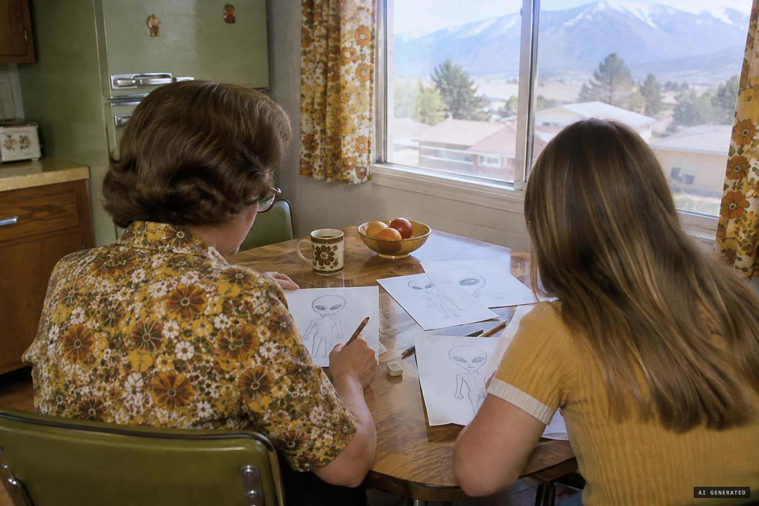 The mother and eldest daughter draw the beings