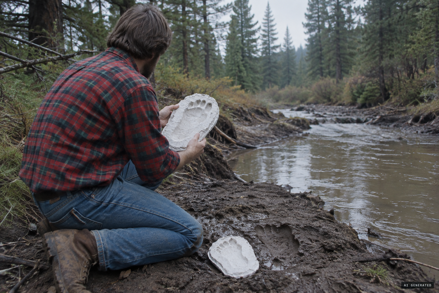 Freeman with footprint casts from the Mill Creek watershed, 1982