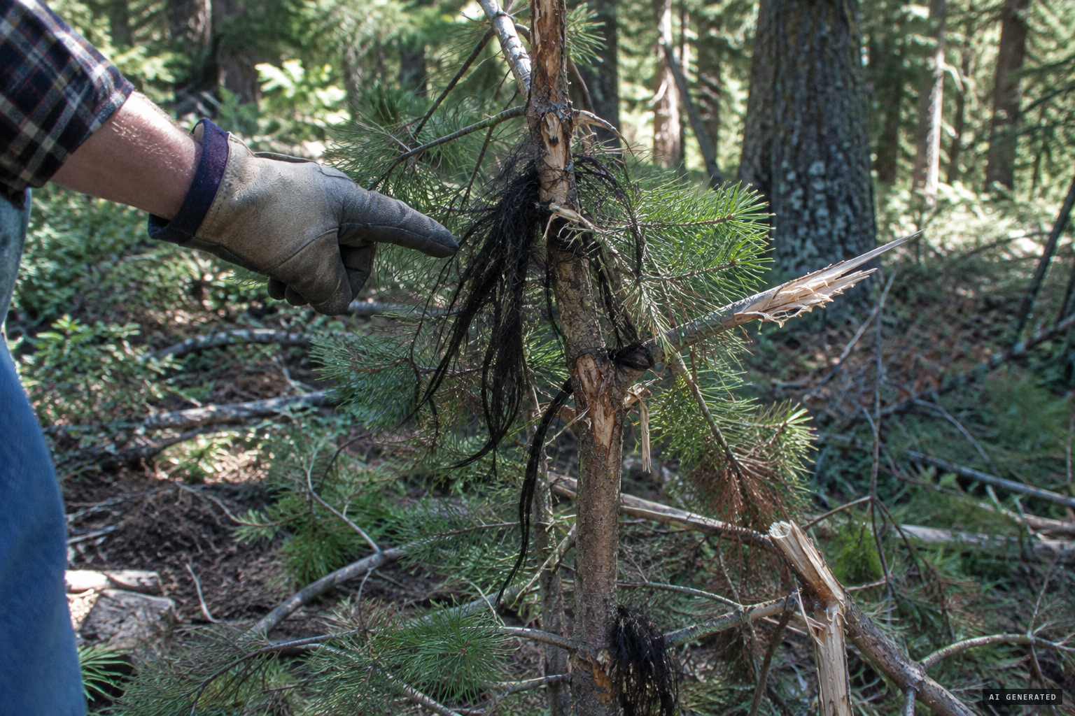 Small trees twisted, with long black hair caught in them