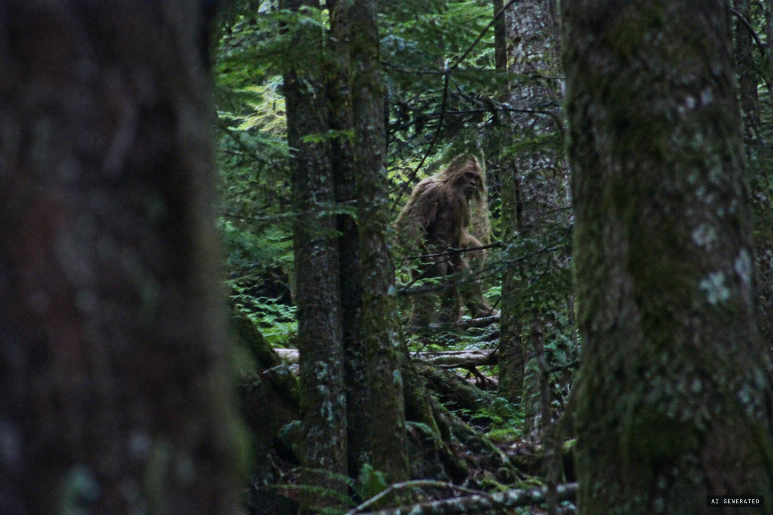 Through dense timber, a tall creature with tan-brown hair