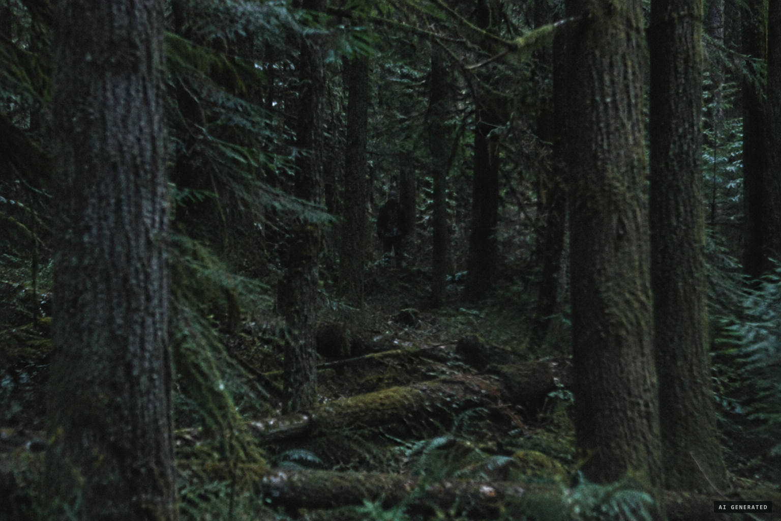 A glimpse through dense timber, in poor light
