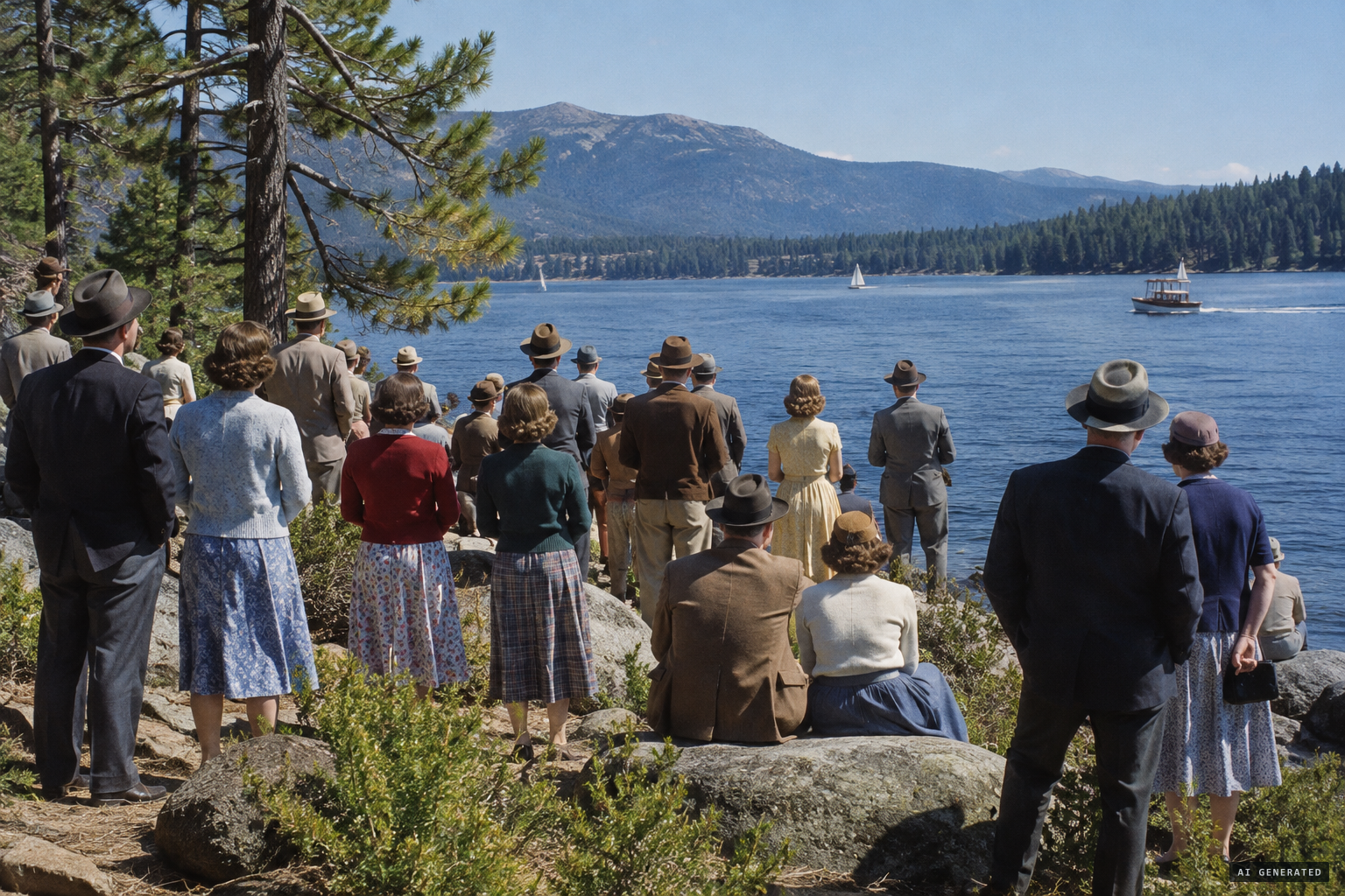 September 1946: about twenty people, among them Dr. G. A. Taylor of Nampa, watch the lake