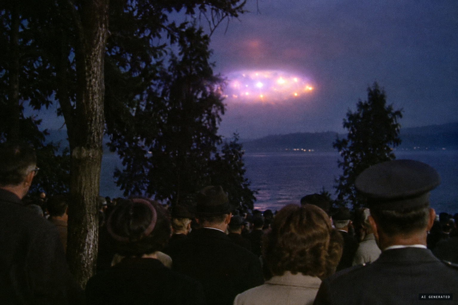 An oval mass of light comes down behind the trees