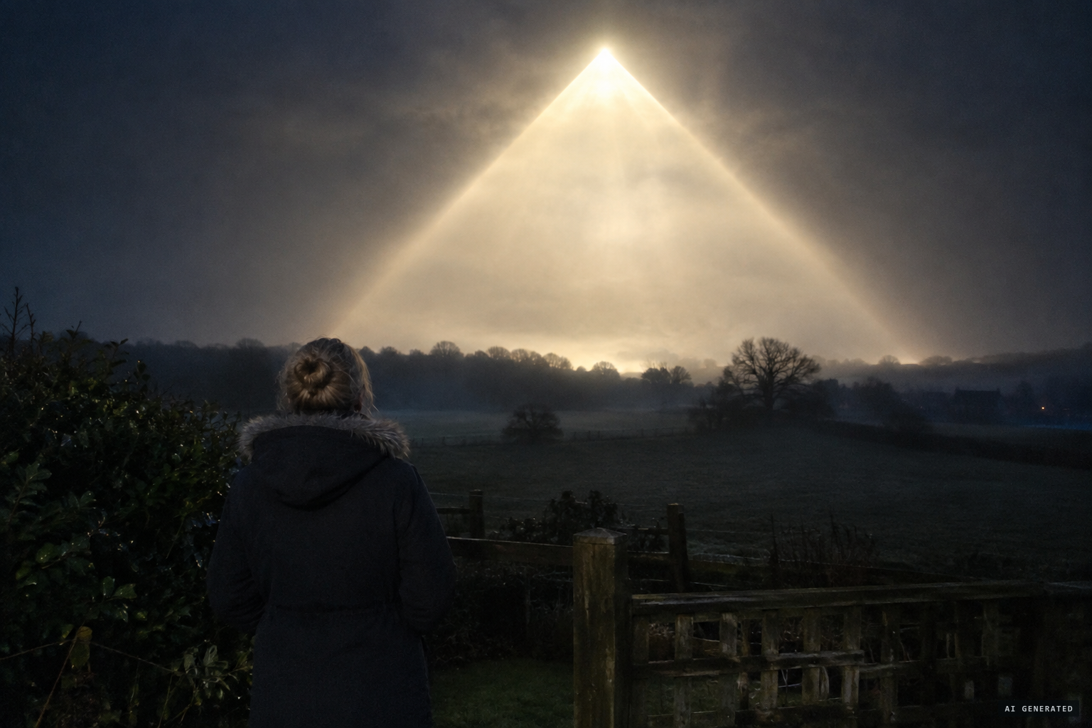 A huge pyramid of light taking up the night sky