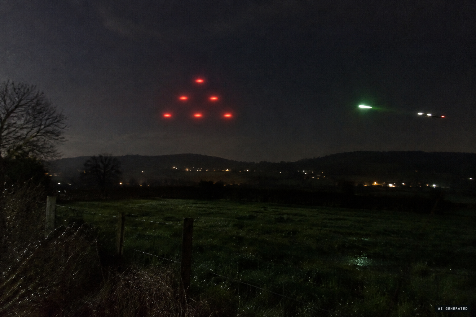 Red spheres hover in a pyramid shape while planes chase a green object