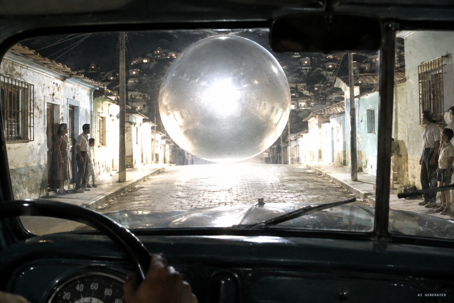A glowing sphere blocks Calle Bella Vista and lights the street like day