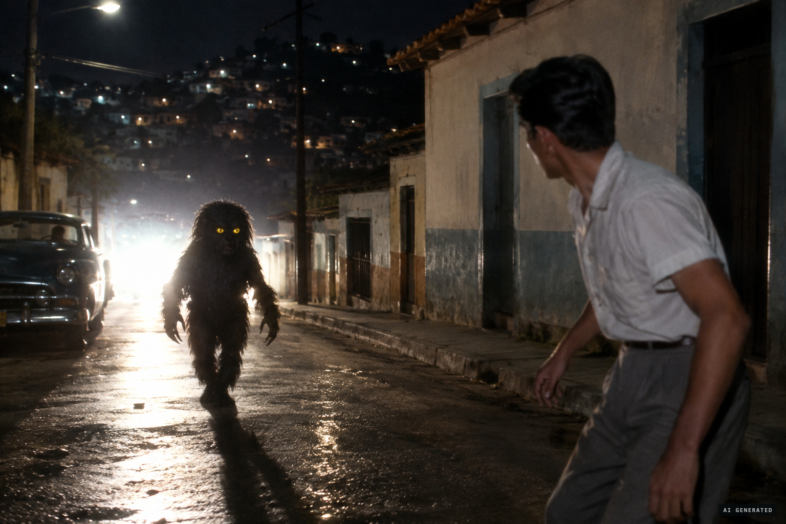 A small hairy being with glowing yellow eyes approaches González