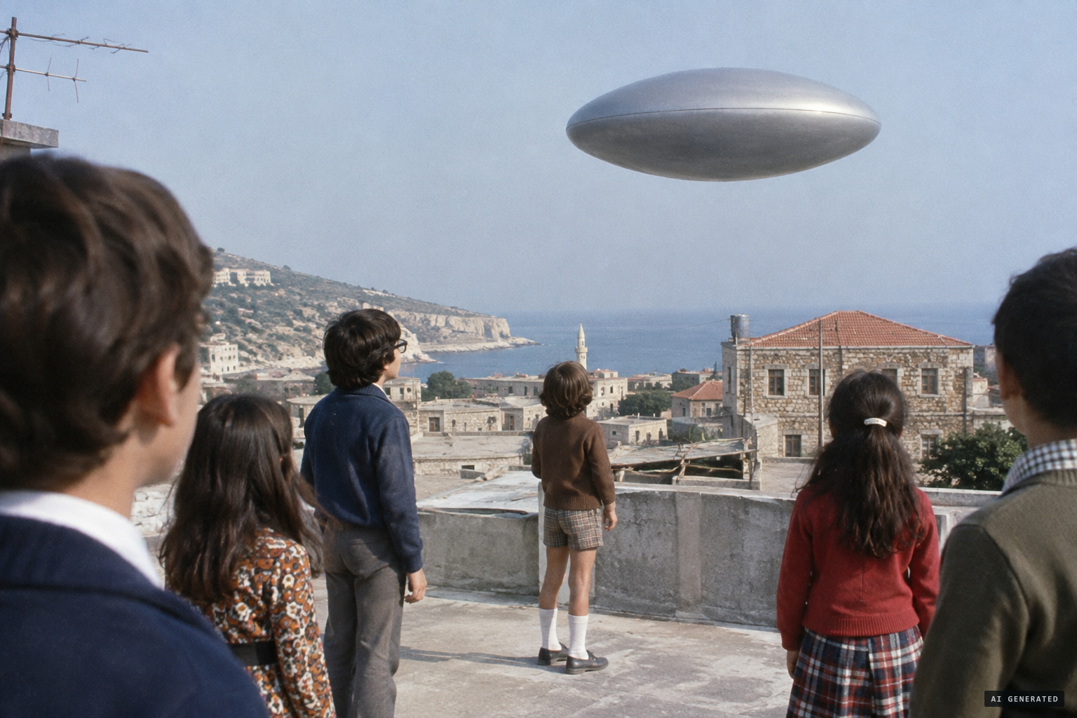 In 1971 a silent egg-shaped craft hovered over children frozen on a rooftop in Chekka, Lebanon