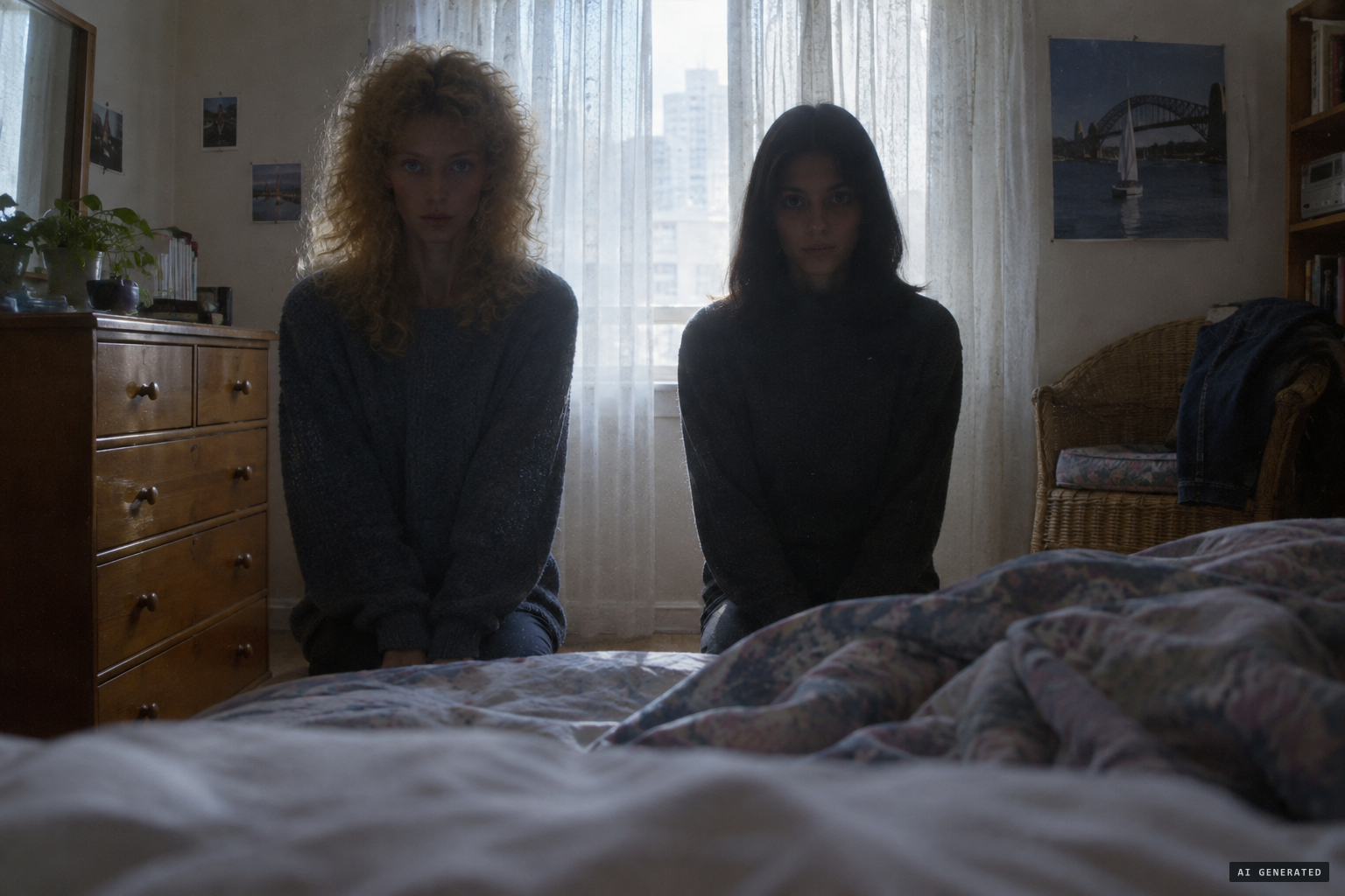 He wakes to find two silent women kneeling at the end of the bed, one Nordic and one Asian
