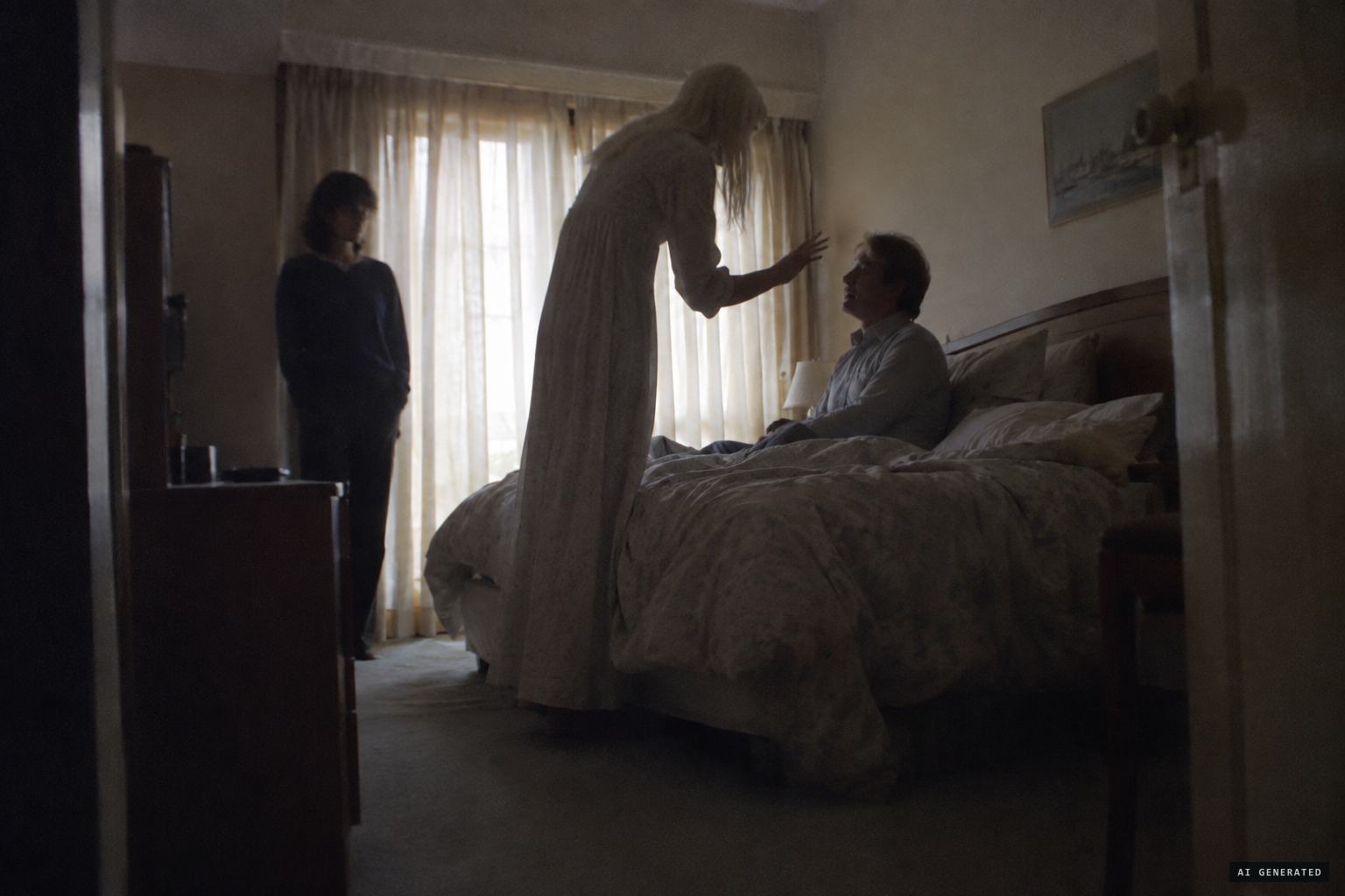 The Nordic woman pulls his head toward her three times as he resists