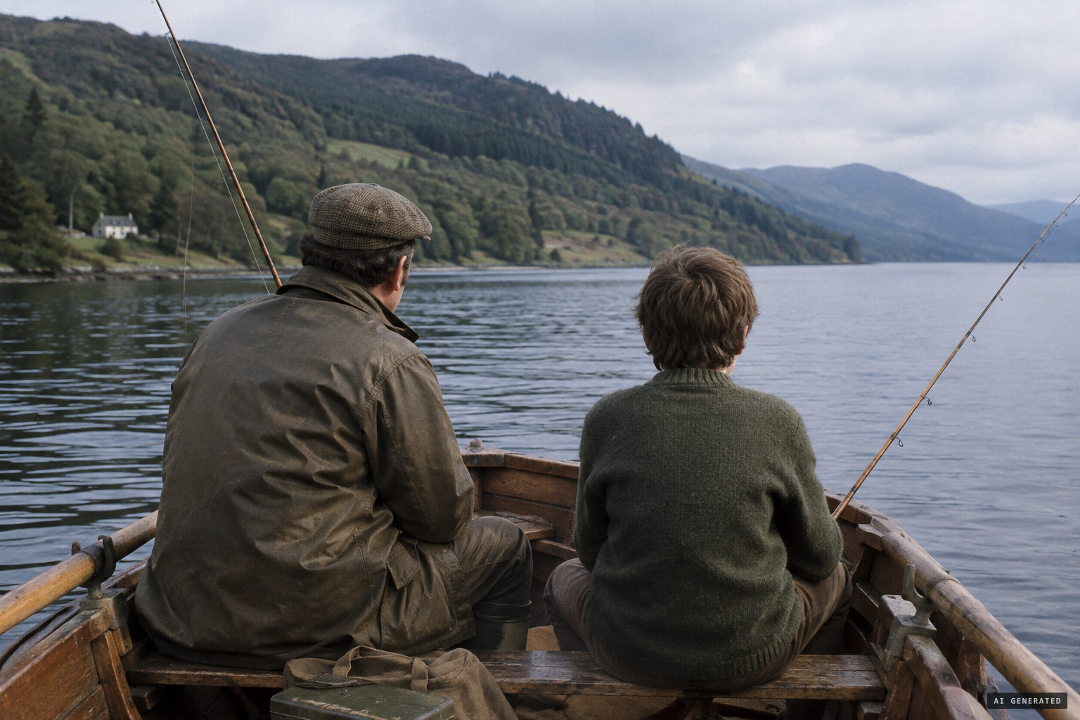 Ian MacRae and his nephew Peter Mackenzie fishing from their small boat
