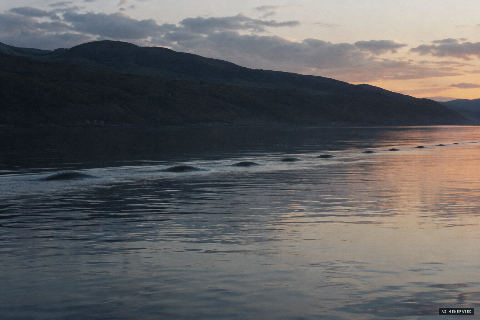 A boat's wake breaking into lines of humps on calm water
