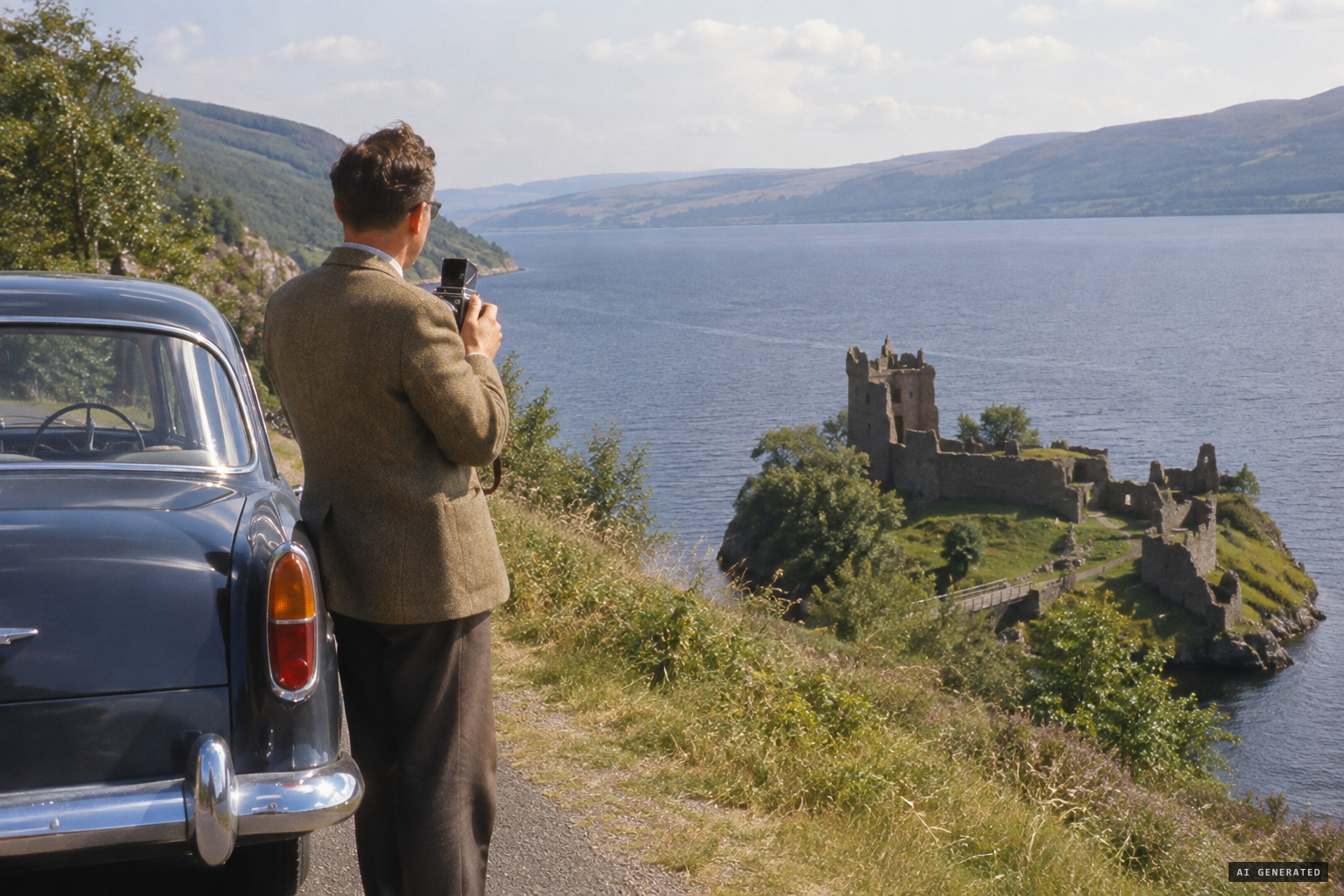 MacNab pulls up on the road above Urquhart Castle with his camera