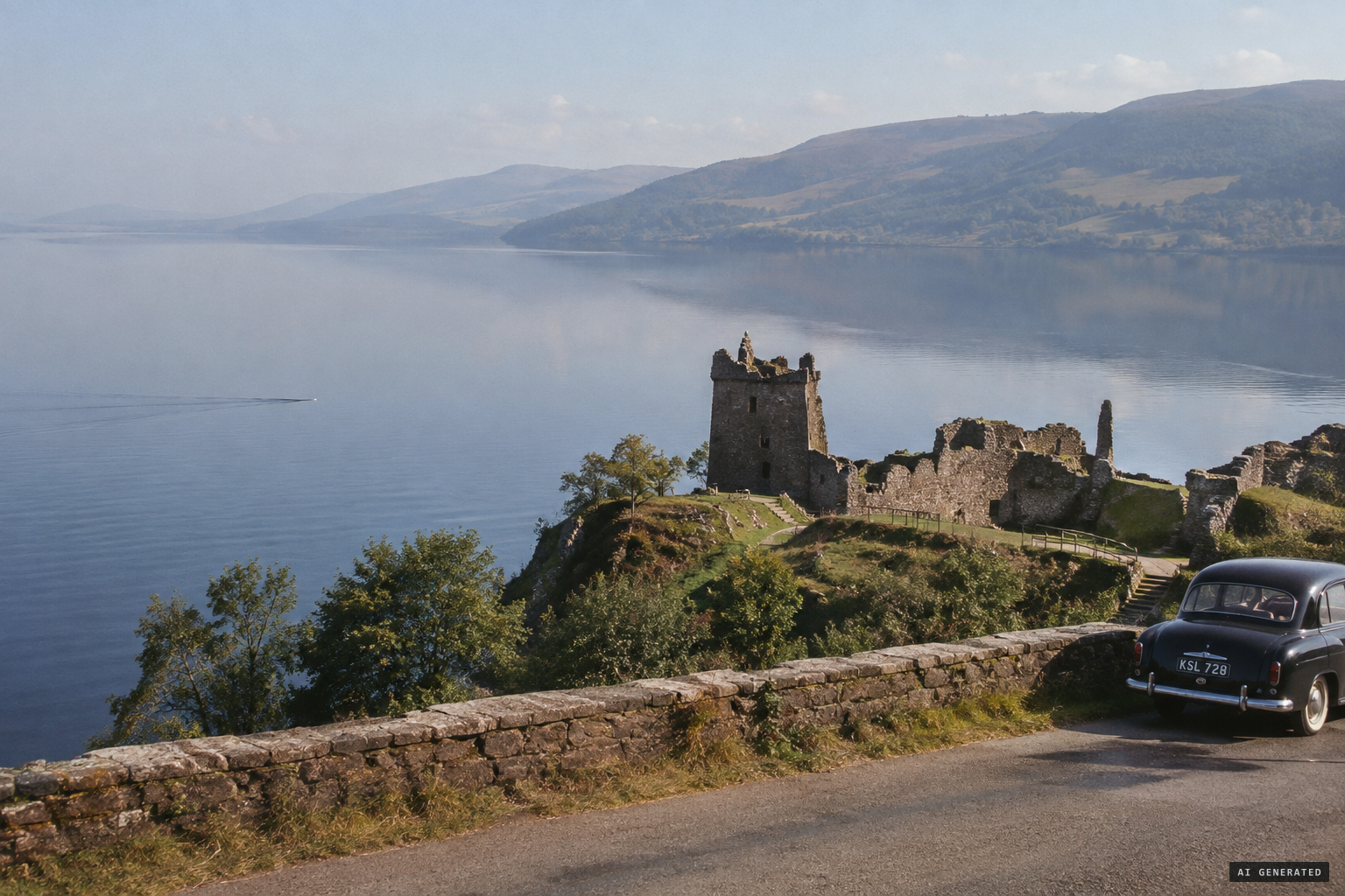 A calm, hazy afternoon; a movement on the water to the left of the castle