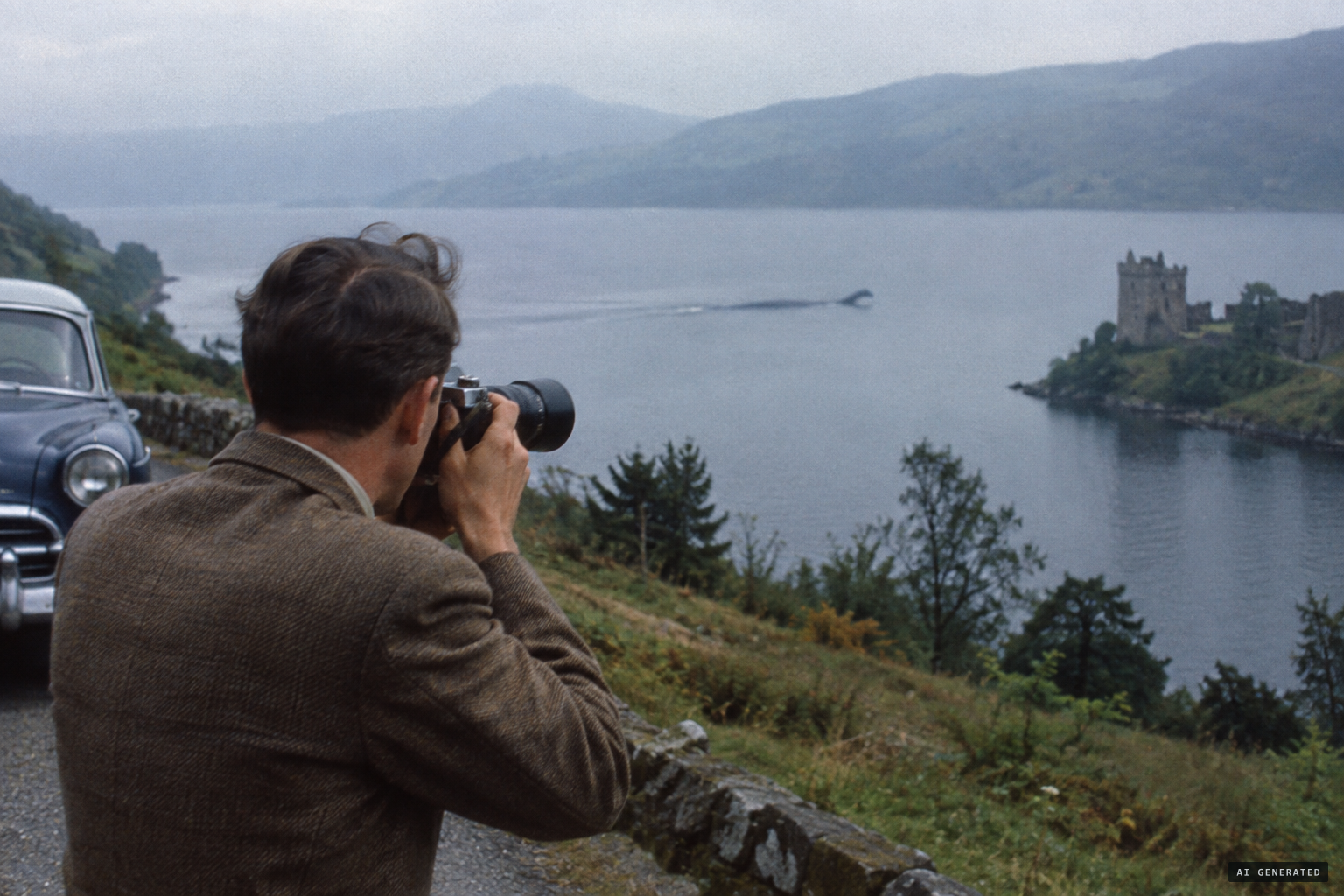 MacNab hurriedly photographs the dark creature cruising on the surface